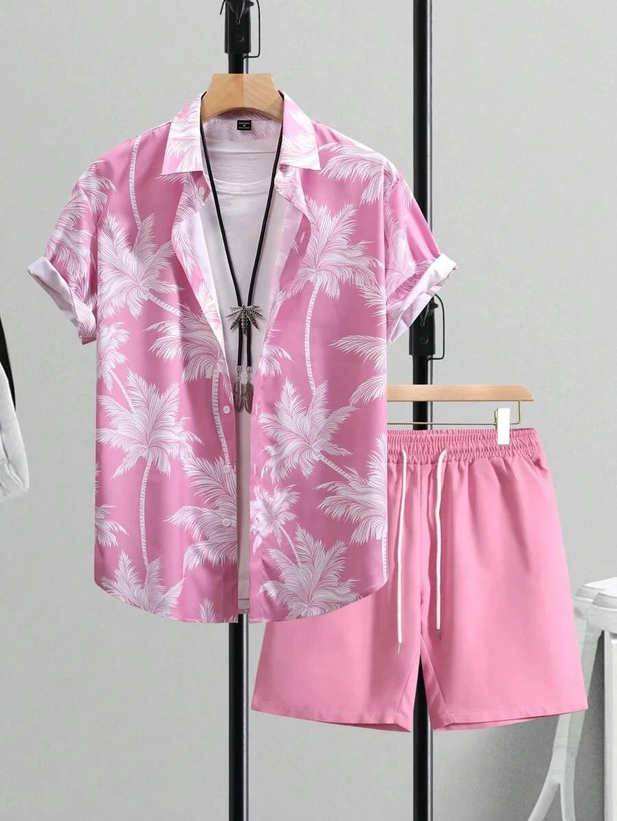 2024 conjuntos de hombre con estampado de retazos y solapa, camisa informal de manga corta, pantalones cortos de playa, ropa de calle de verano, trajes Hawaianos para S-5XL