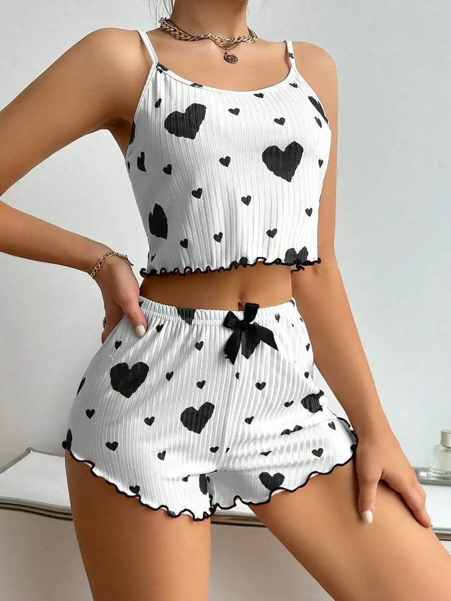 Conjunto de pijama con estampado de corazón de 2 piezas para mujer, top corto sin mangas y pantalones cortos, ropa de dormir suave y cómoda para ropa de dormir de verano