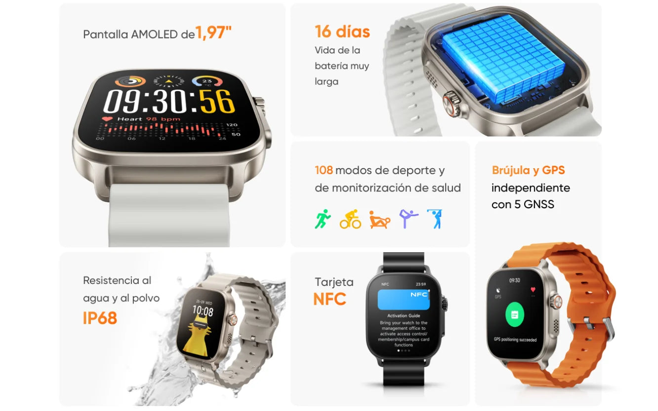 Smartwatch - realme Watch 5, Versión Global, Gran Pantalla AMOLED de 1.97", 16 días Vida de la Batería muy Larga, IP68, 108 modos de deporte y de monitorización de salud, NFC, Brújula y GPS independiente con 5 GNSS, relo