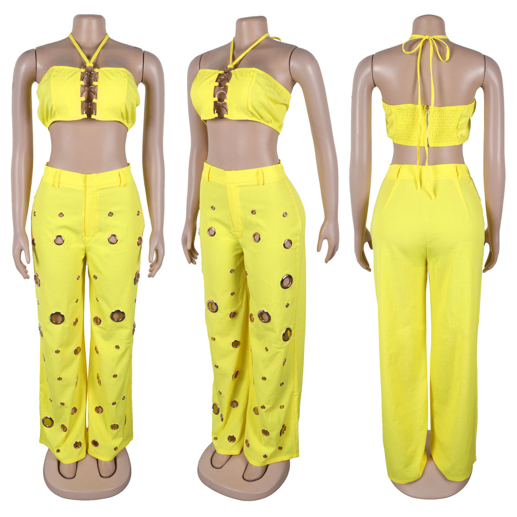 CM.YAYA-Conjunto de dos piezas para mujer, Top sin mangas y pantalones de pierna ancha, traje calado con agujeros, chándal de calle Sexy de verano