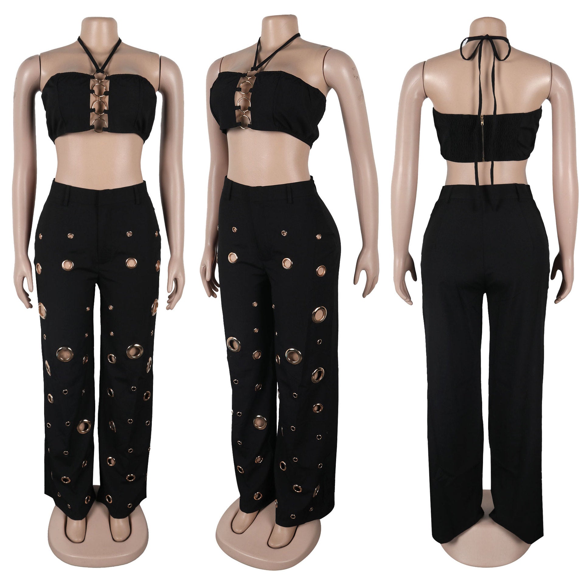 CM.YAYA-Conjunto de dos piezas para mujer, Top sin mangas y pantalones de pierna ancha, traje calado con agujeros, chándal de calle Sexy de verano