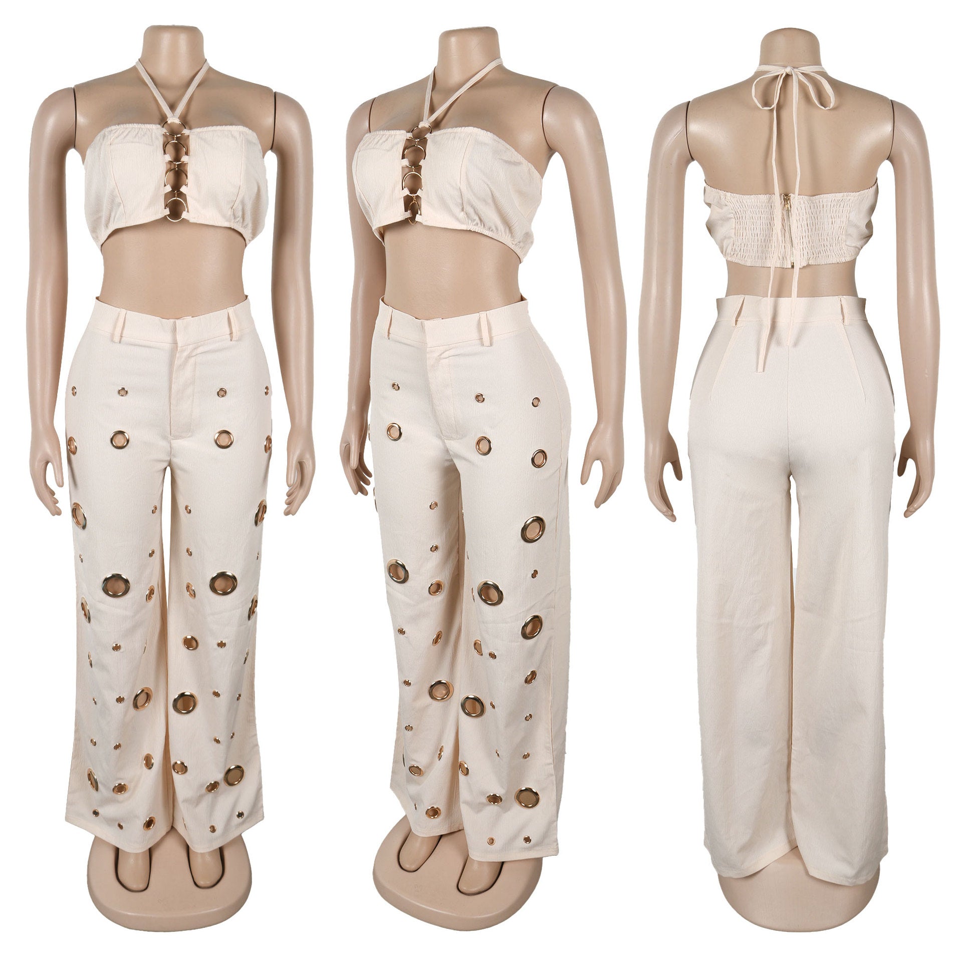CM.YAYA-Conjunto de dos piezas para mujer, Top sin mangas y pantalones de pierna ancha, traje calado con agujeros, chándal de calle Sexy de verano