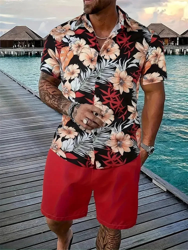 Conjunto Hawaiano Hombre – Camisa Estampada 3D y Pantalón Corto de Playa
