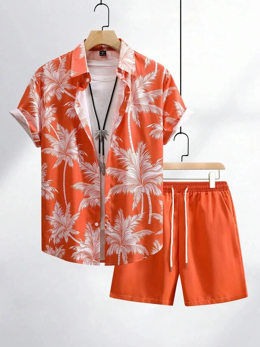 2024 conjuntos de hombre con estampado de retazos y solapa, camisa informal de manga corta, pantalones cortos de playa, ropa de calle de verano, trajes Hawaianos para S-5XL
