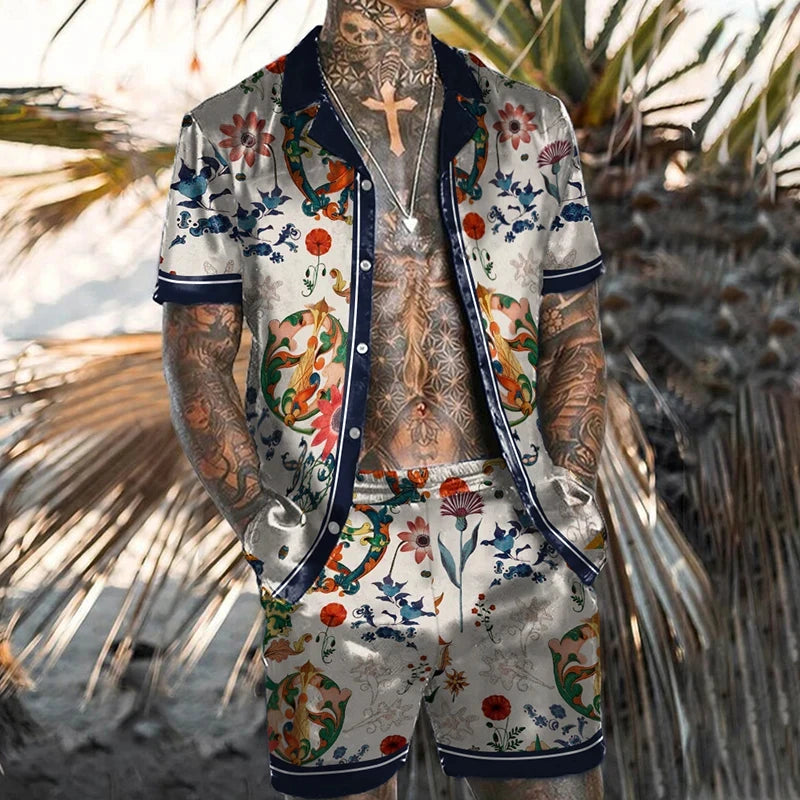 Conjunto Hawaiano 3D Étnico Retro Hombre | Camisa Flores + Pantalón Corto