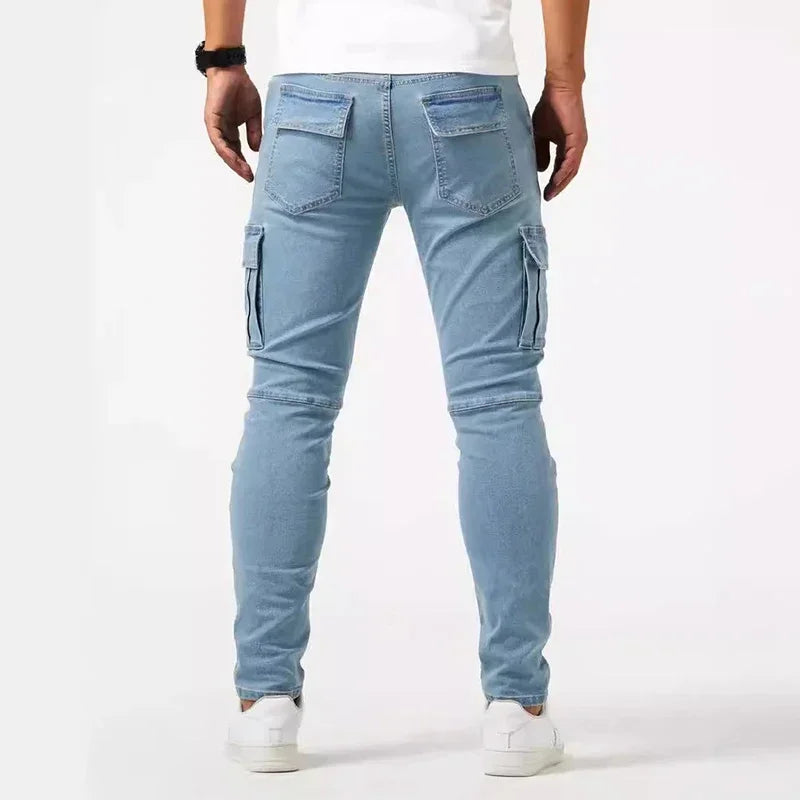 Pantalones vaqueros de tubo informales para hombre, elásticos, con múltiples bolsillos, pequeños, ajustados, de calle, vaqueros Cargo de cintura media de Color sólido