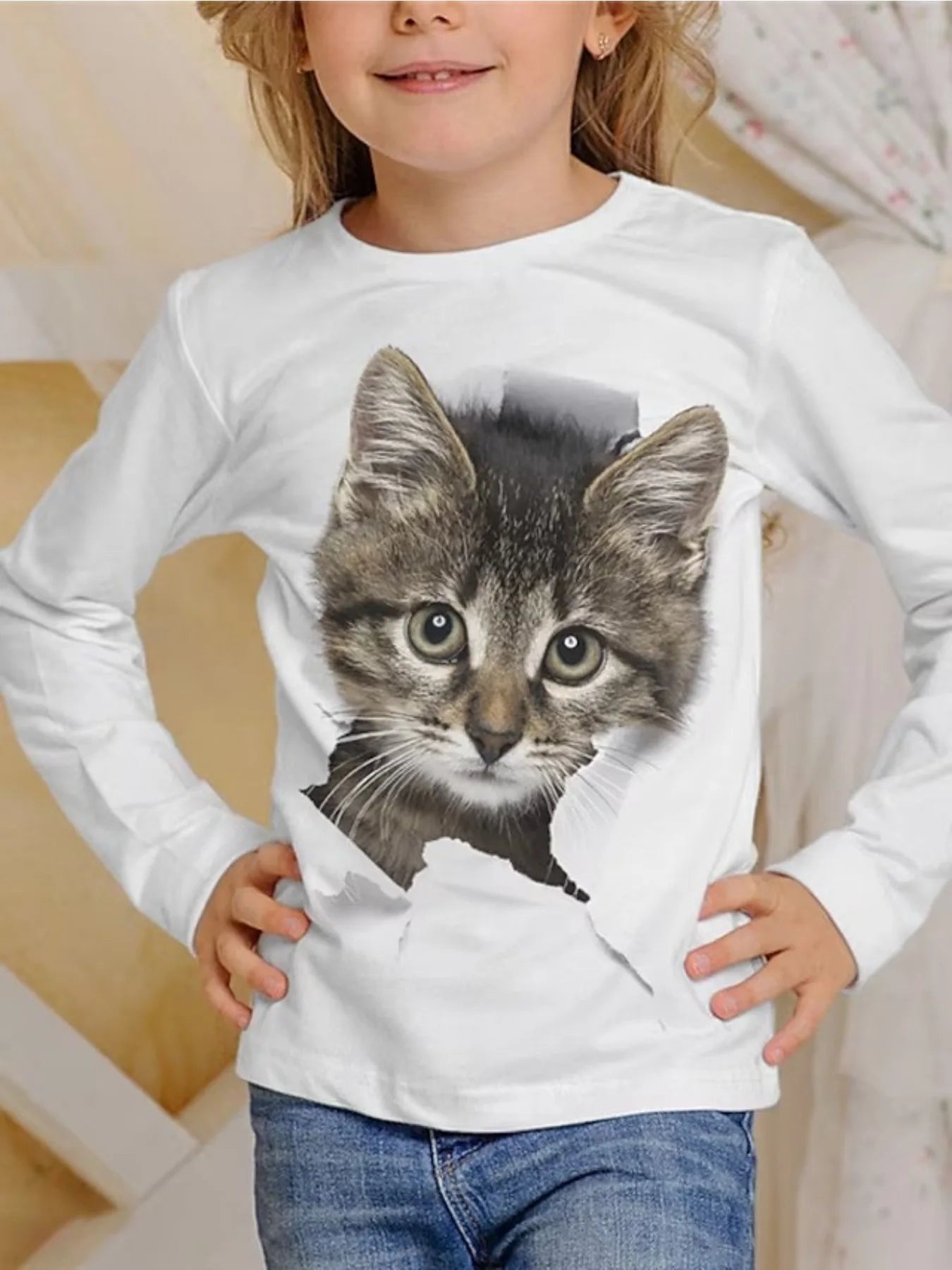 Camiseta de manga larga para niños y niñas, ropa informal con estampado de gato y cuello redondo de dibujos animados, Verano