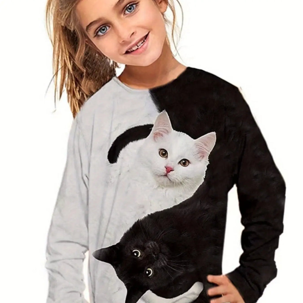 Camiseta de manga larga para niños y niñas, ropa informal con estampado de gato y cuello redondo de dibujos animados, Verano