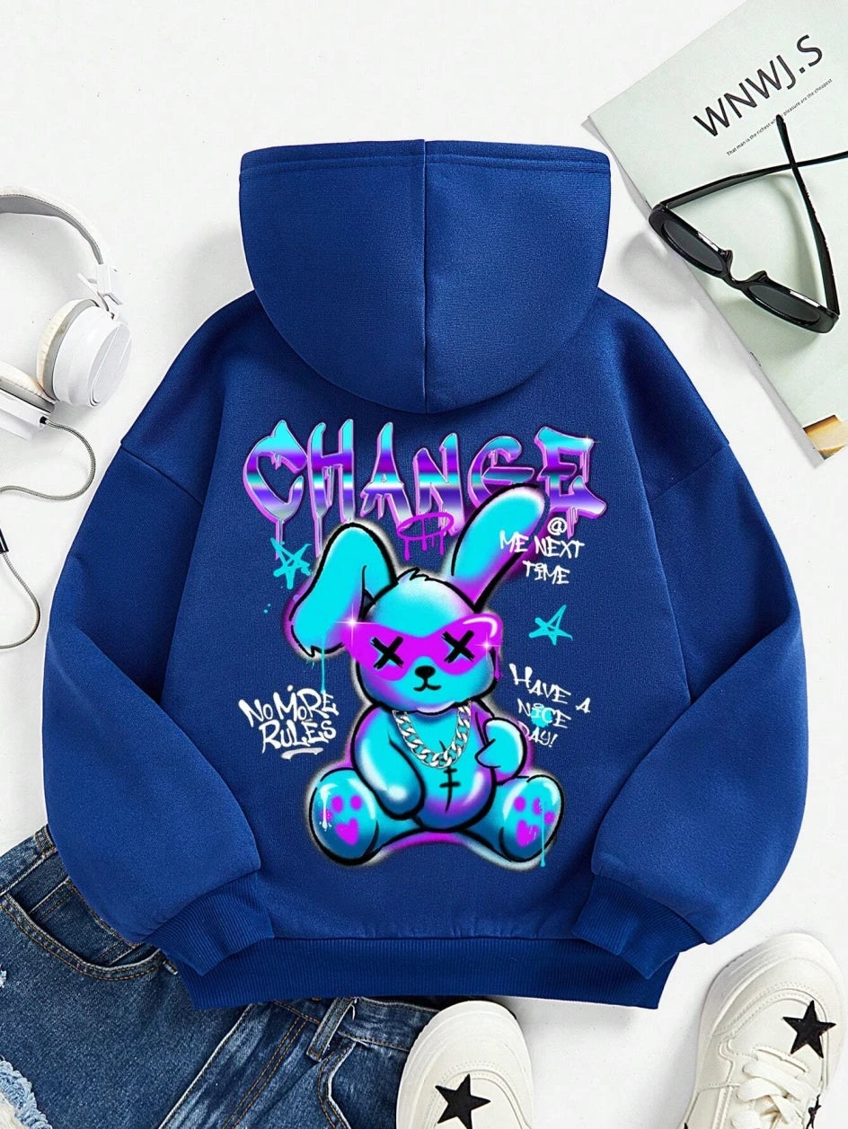 Sudadera con estampado de dibujos animados de conejo para mujer, Sudadera con capucha de calle que combina con todo, sudaderas informales con cuello redondo, jersey, ropa de gran tamaño