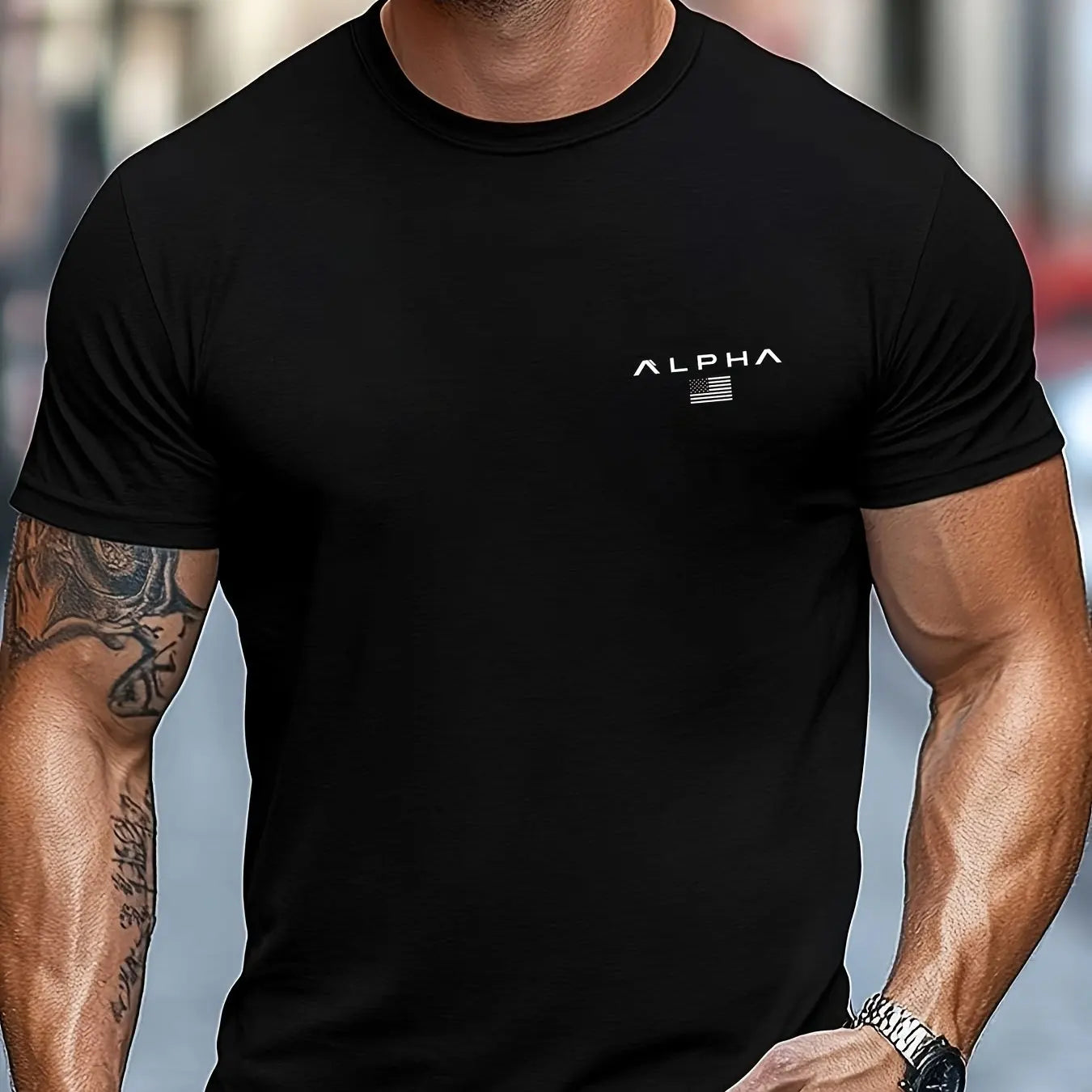 Camiseta de manga corta con cuello redondo y estampado de patrón ALPHA para hombre, 100% de algodón, informal, a la moda, deportiva, holgada, de verano