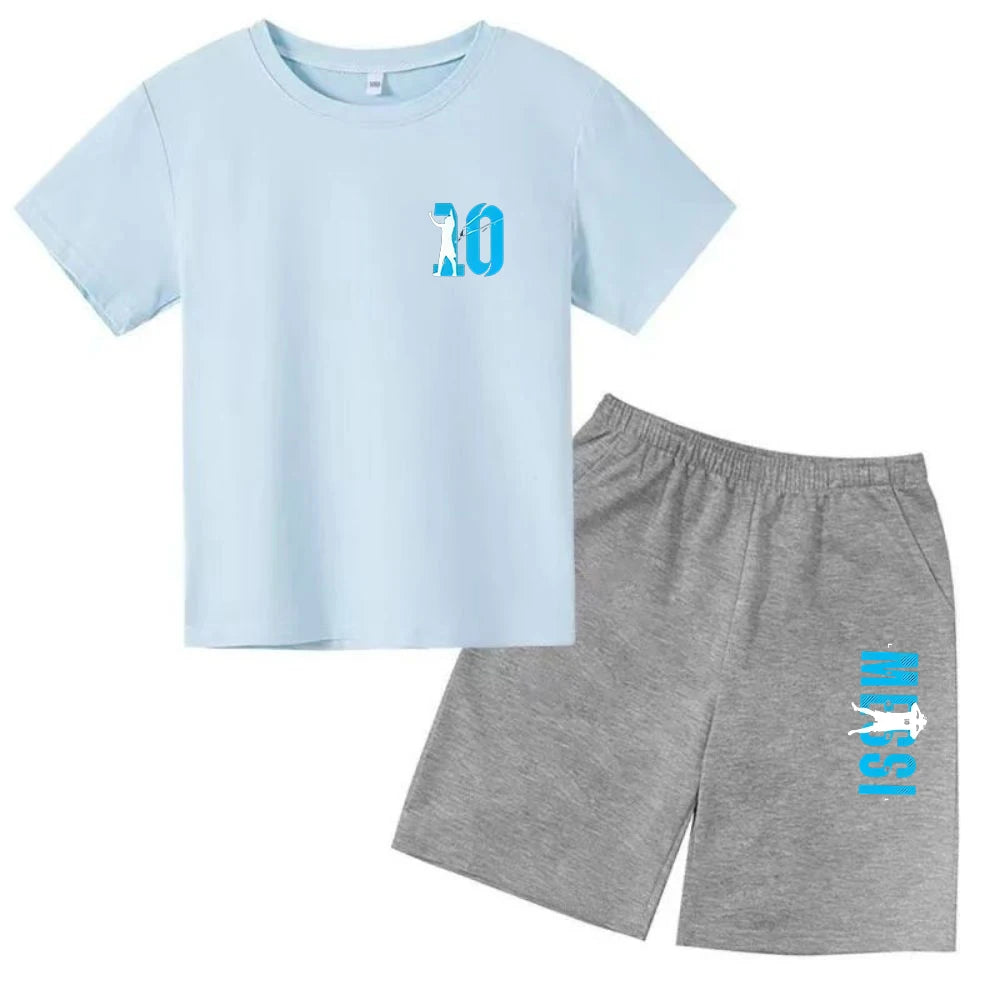 Conjunto de verano para niños, camiseta de manga corta con estampado Messi + Pantalones cortos, conjunto de 2 uds., traje deportivo informal a la moda para niños y niñas, ropa para fanáticos
