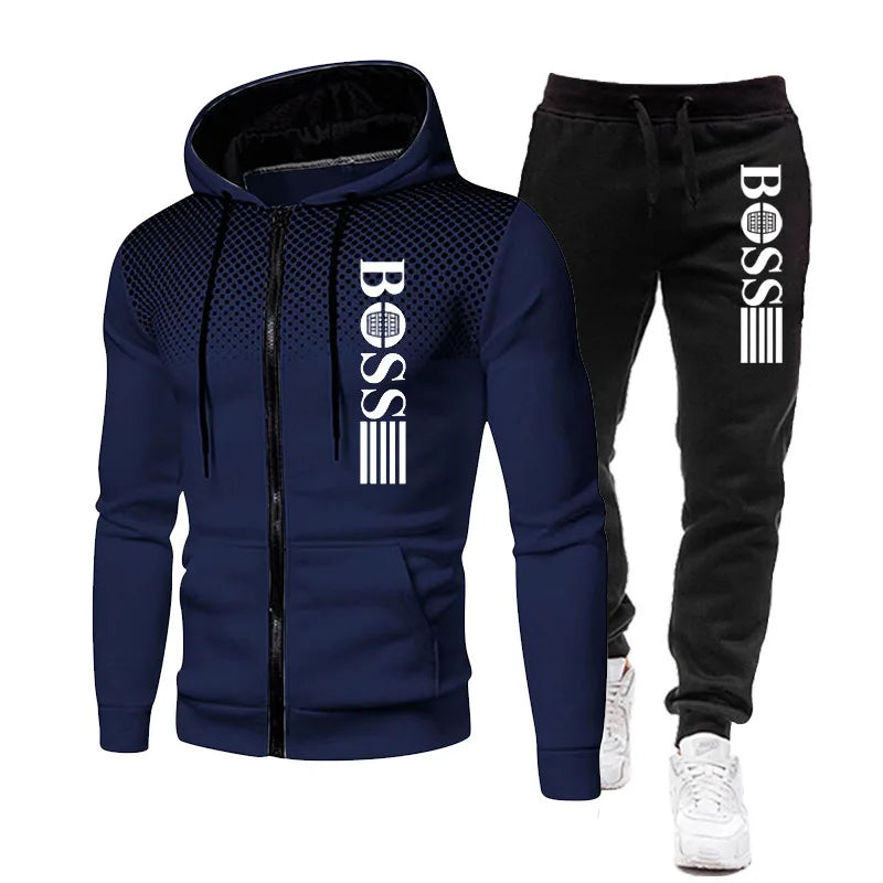 2025 Nueva sudadera con capucha con cremallera para hombre + conjunto de pantalones casuales para moda de otoño e invierno Ropa deportiva cálida y conjunto de dos piezas