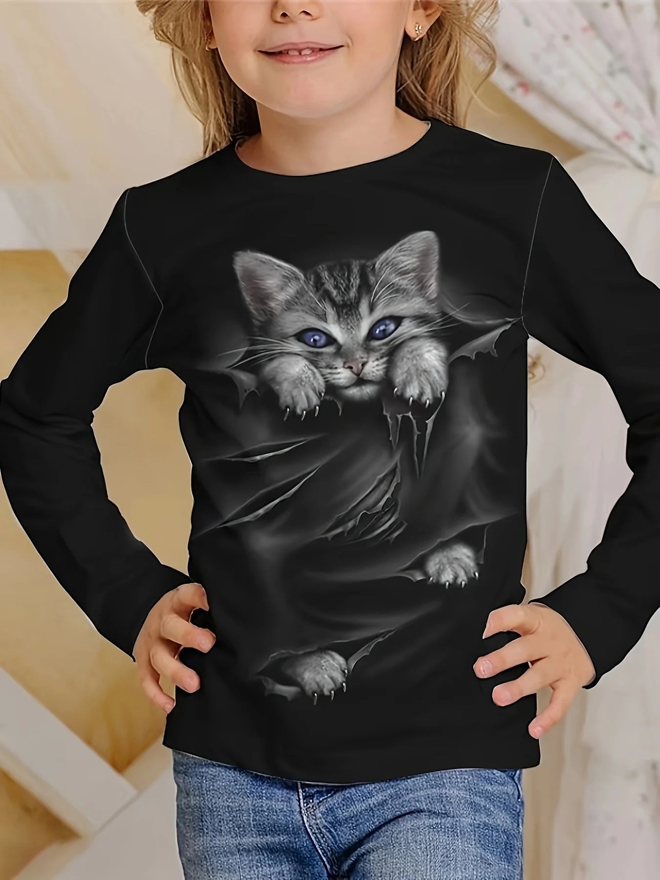 Camiseta de manga larga para niños y niñas, ropa informal con estampado de gato y cuello redondo de dibujos animados, Verano