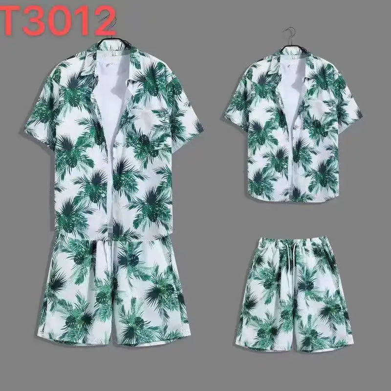 Cómoda camisa con estampado 3D de árbol de coco y hojas de hierba y flores + Pantalones cortos, conjunto de dos piezas, camisas con cuello abatible de manga corta, medio pantalón