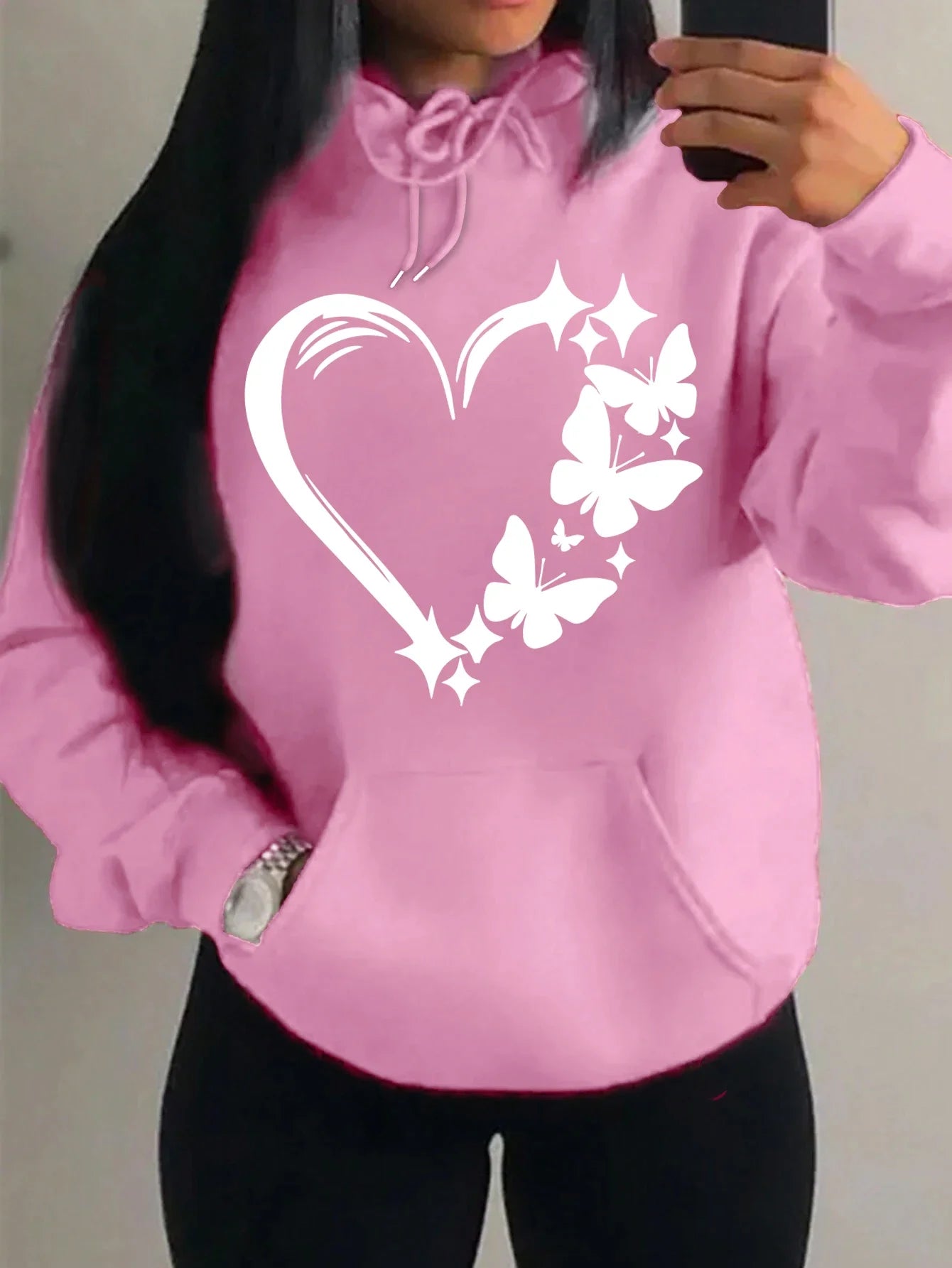 Sudadera con capucha con estampado de amor y mariposa para mujer, moda urbana de Hip Hop, ropa de bolsillo, Sudadera con capucha Retro multicolor