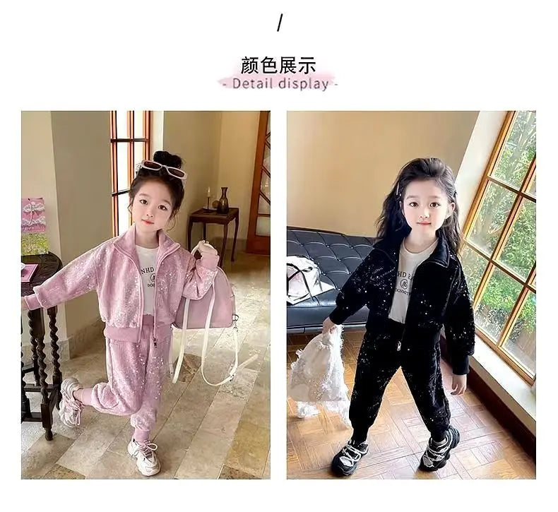 Cárdigan deportivo informal con lentejuelas para niña, conjunto de dos piezas, primavera y otoño, 2024