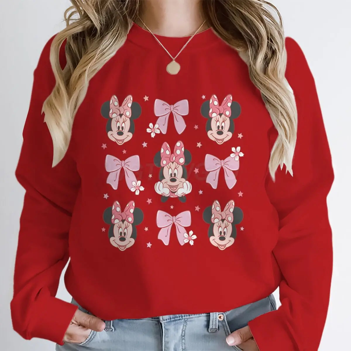 Sudaderas con capucha y lazo de Minnie rosa para mujer, ropa de dibujos animados Kawaii, jerséis de manga larga con cuello redondo de Minnie Mouse