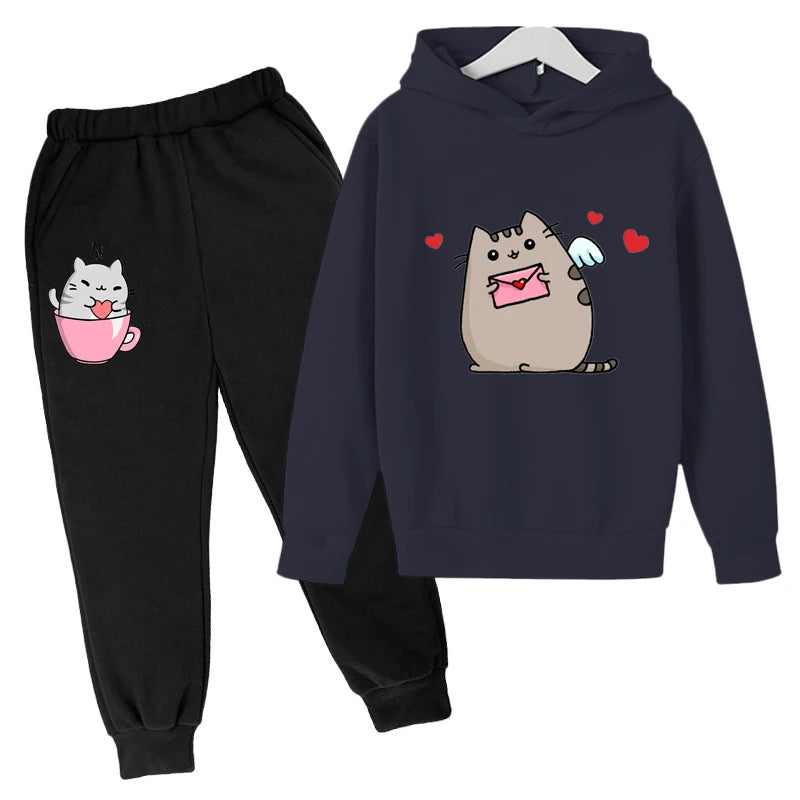 Sudadera con capucha con estampado de gato de Nutella para niños, ropa divertida para niñas y niños, conjuntos de ropa Harajuku Kawaii para niños, Invierno
