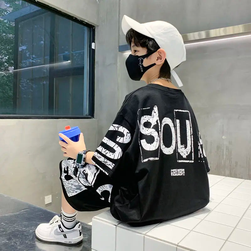 Conjunto de ropa deportiva informal para niños, camisetas de 2 piezas y pantalones, trajes de 3 a 14 años, estilo Hip Hop, moda de verano