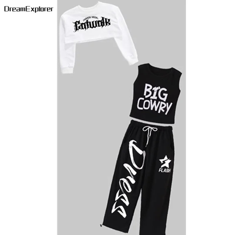 Top corto k-pop para niñas, pantalones deportivos con letras a la moda, conjuntos de ropa de grupo para niñas, ropa informal estilo Hip Hop, disfraces de Jazz para niños