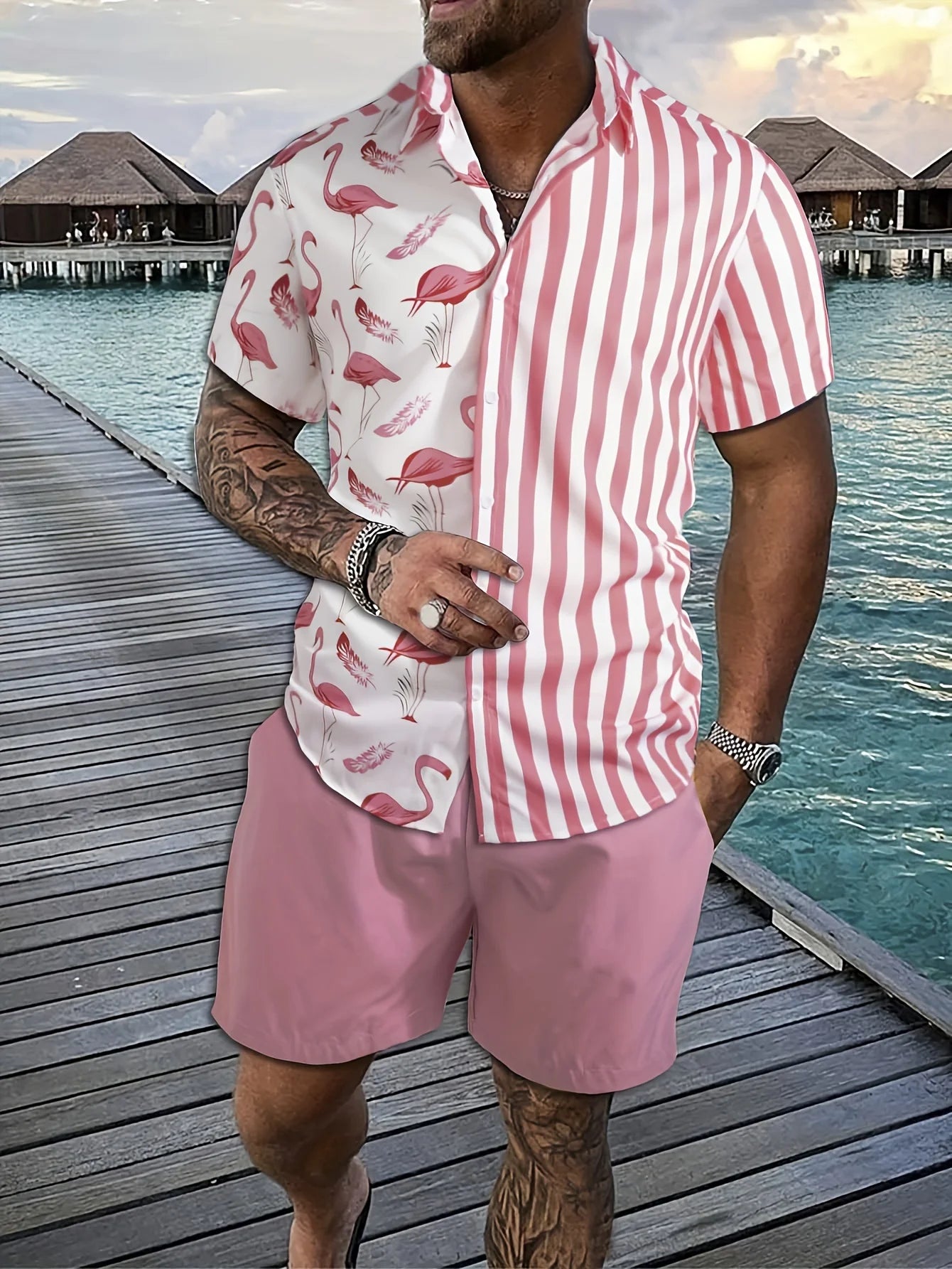 Conjunto Hawaiano Hombre – Camisa Manga Corta y Pantalón Corto de Playa