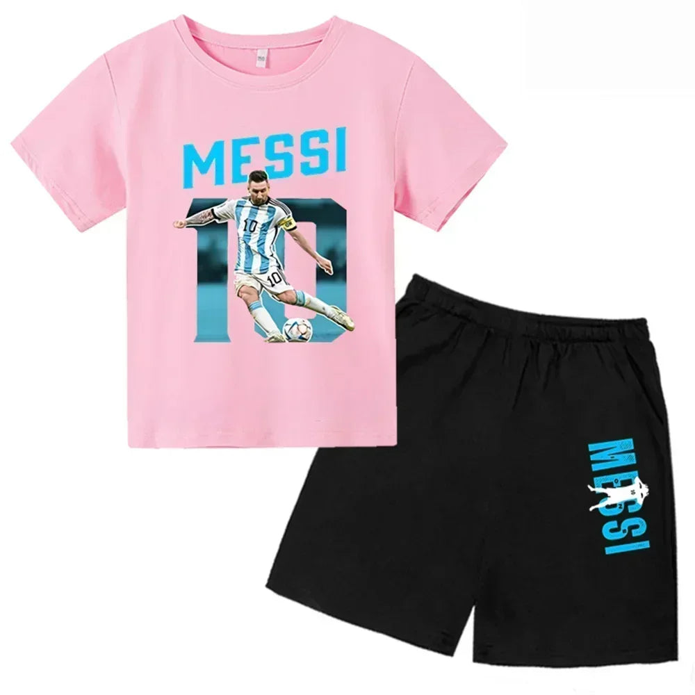 Conjunto de verano para niños, camiseta de manga corta con estampado Messi + Pantalones cortos, conjunto de 2 uds., traje deportivo informal a la moda para niños y niñas, ropa para fanáticos