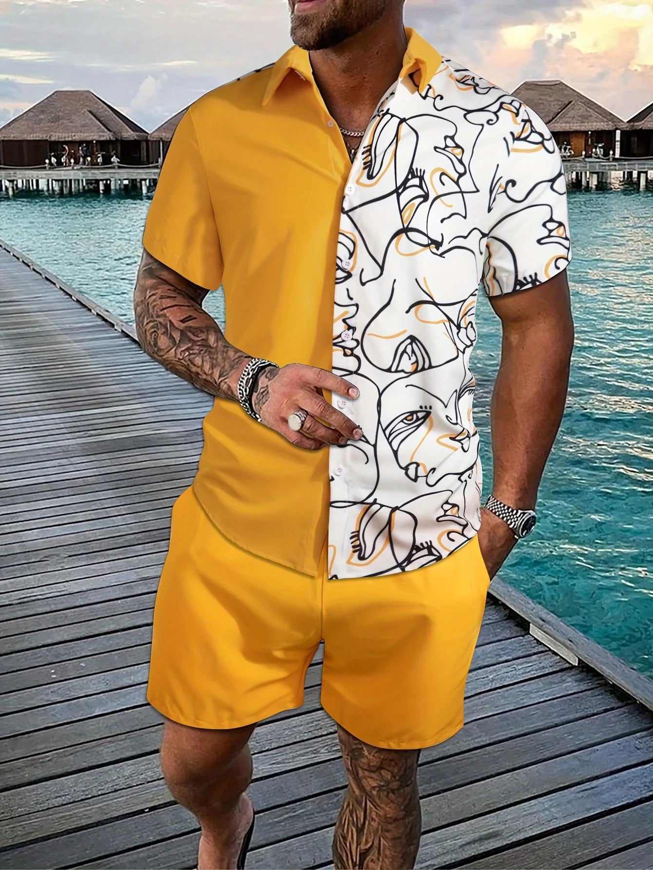Conjunto Hawaiano Hombre – Camisa Manga Corta y Pantalón Corto de Playa