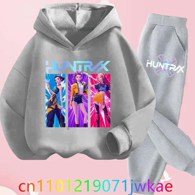 Conjuntos de sudaderas con capucha y pantalones de cazadores de demonios para adolescentes, Sudadera con capucha de película de Anime coreano para niños y niñas, trajes deportivos con capucha de manga larga a la moda