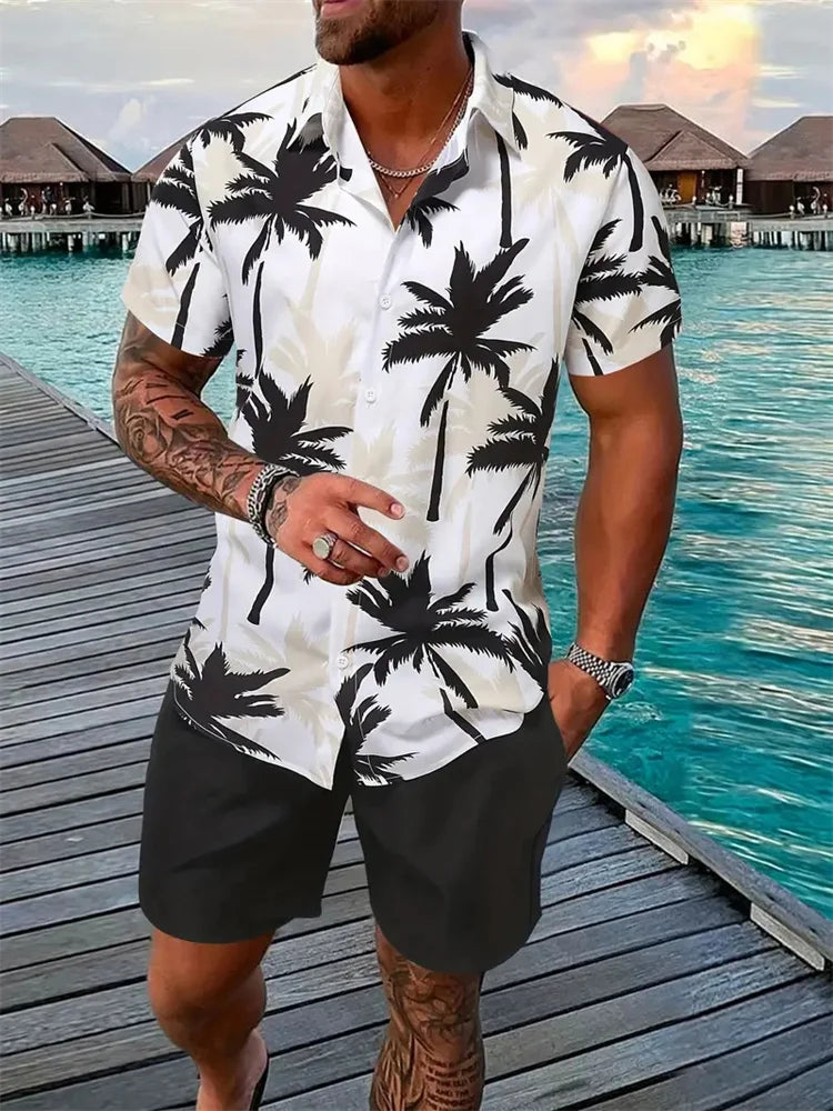 Conjunto Hawaiano 3D Hojas Hombre | Camisa + Pantalón Corto Playa