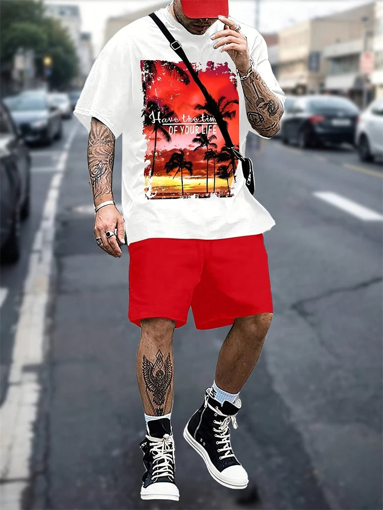 Nuevo traje transpirable de manga corta para deportes al aire libre de verano para hombre, diseño de patrón de letras, conjunto de dos piezas de estilo callejero a la moda de ocio
