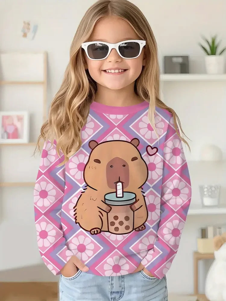 Camiseta de capibala de animales de dibujos animados, camisetas con cuello redondo, camiseta de moda de manga larga, ropa para niños y niñas de 7 a 8 años, ropa para niños