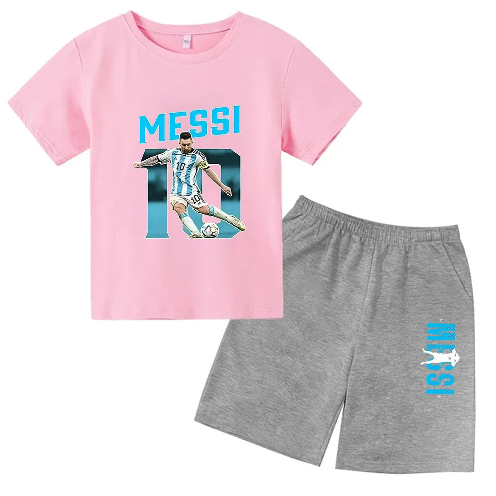 Conjunto de verano para niños, camiseta de manga corta con estampado Messi + Pantalones cortos, conjunto de 2 uds., traje deportivo informal a la moda para niños y niñas, ropa para fanáticos