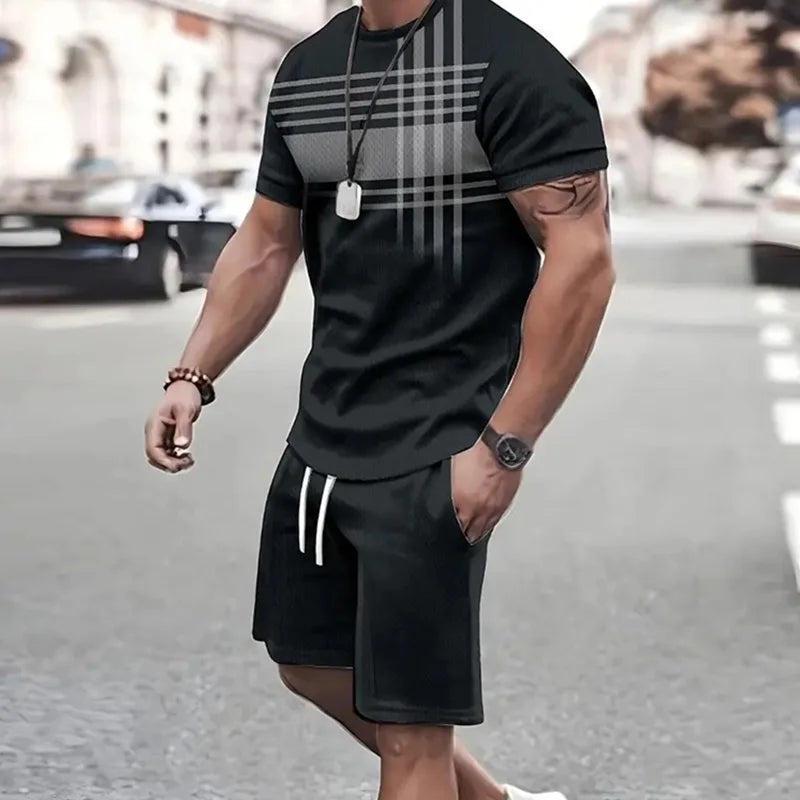 2024 de moda para hombre, ropa deportiva, camiseta de manga corta y pantalones cortos deportivos de verano, traje de retazos Vintage Casual, traje de dos piezas para hombre