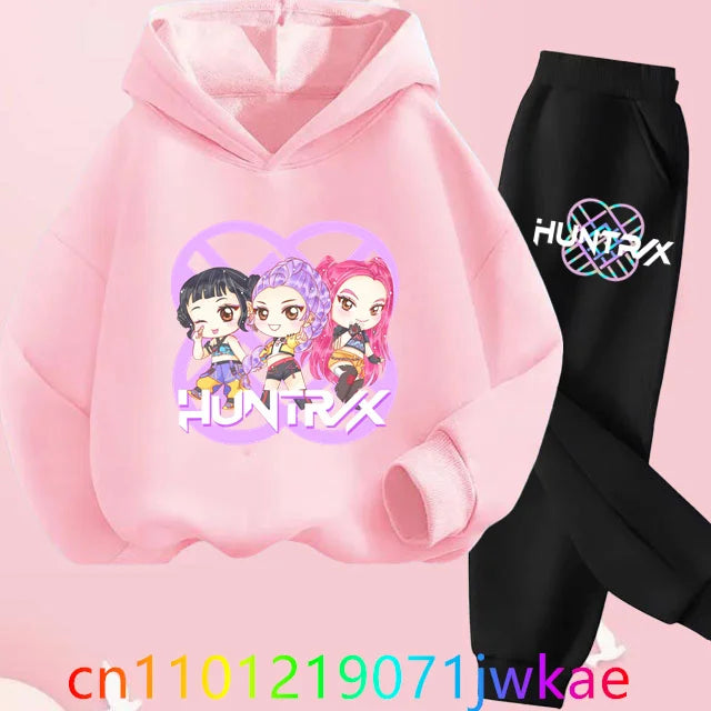 Conjuntos de sudaderas con capucha y pantalones de cazadores de demonios para adolescentes, Sudadera con capucha de película de Anime coreano para niños y niñas, trajes deportivos con capucha de manga larga a la moda