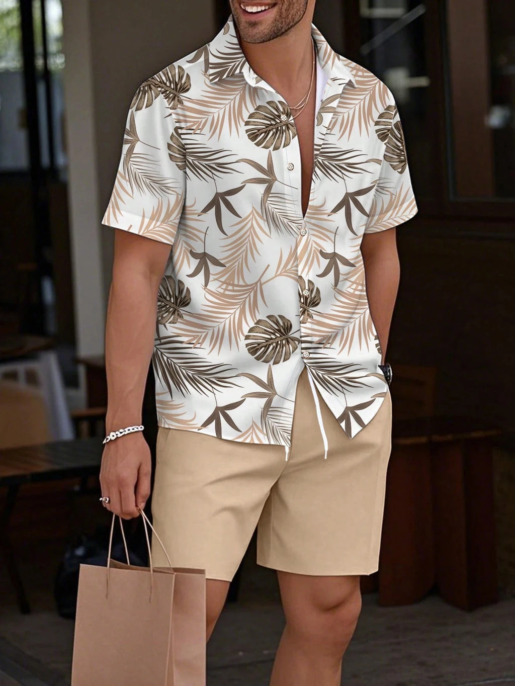 Camisa y pantalones cortos con estampado 3D de plantas tropicales hawaianas para hombre, conjunto de 2 piezas, conjunto de camisa informal para vacaciones para hombre, camisa con botones de manga corta