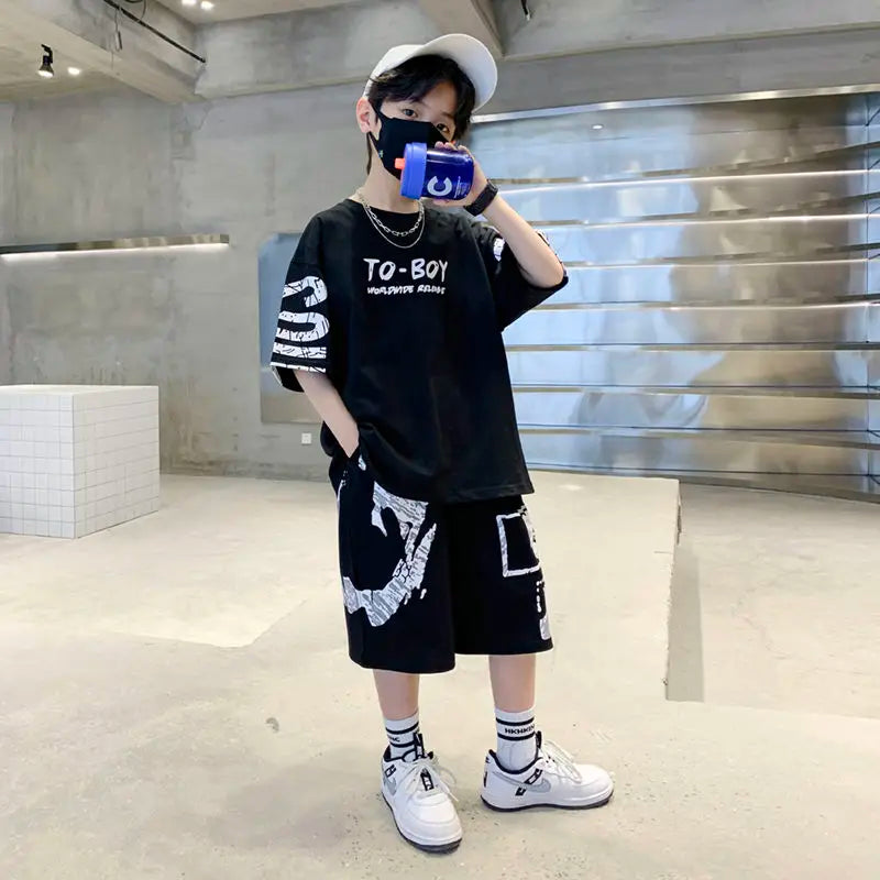 Conjunto de ropa deportiva informal para niños, camisetas de 2 piezas y pantalones, trajes de 3 a 14 años, estilo Hip Hop, moda de verano