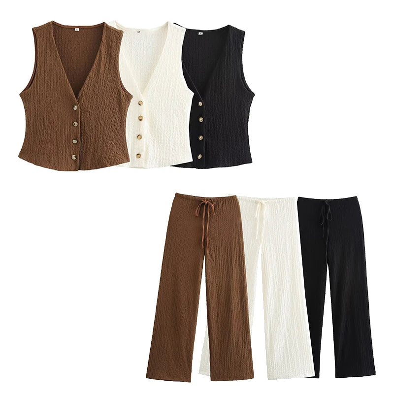 Willshela, conjunto de 2 piezas a la moda para mujer, camisetas sin mangas lisas con una botonadura y pantalones Vintage de cintura alta elástica, traje de pantalones elegantes para mujer