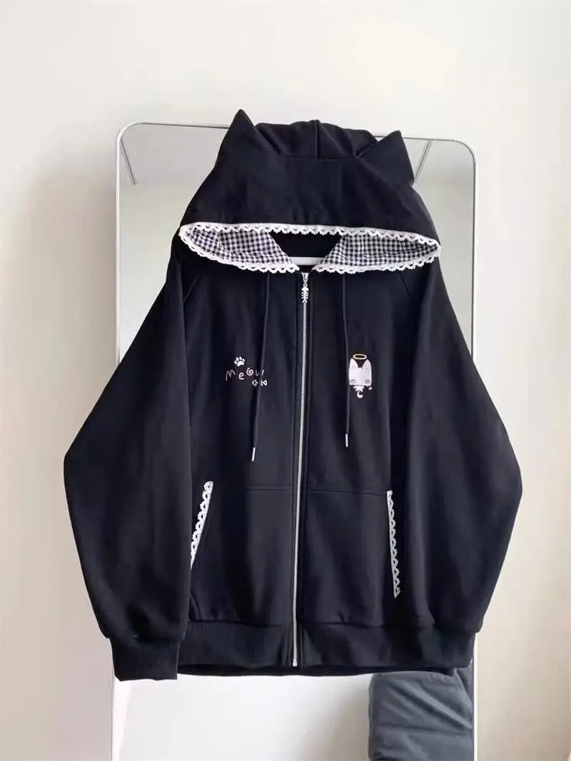 Sudadera Kawaii japonesa de manga larga para mujer, sudaderas informales con subcultura, abrigo con estampado de remaches, ropa elegante de estilo dulce y bonito para mujer