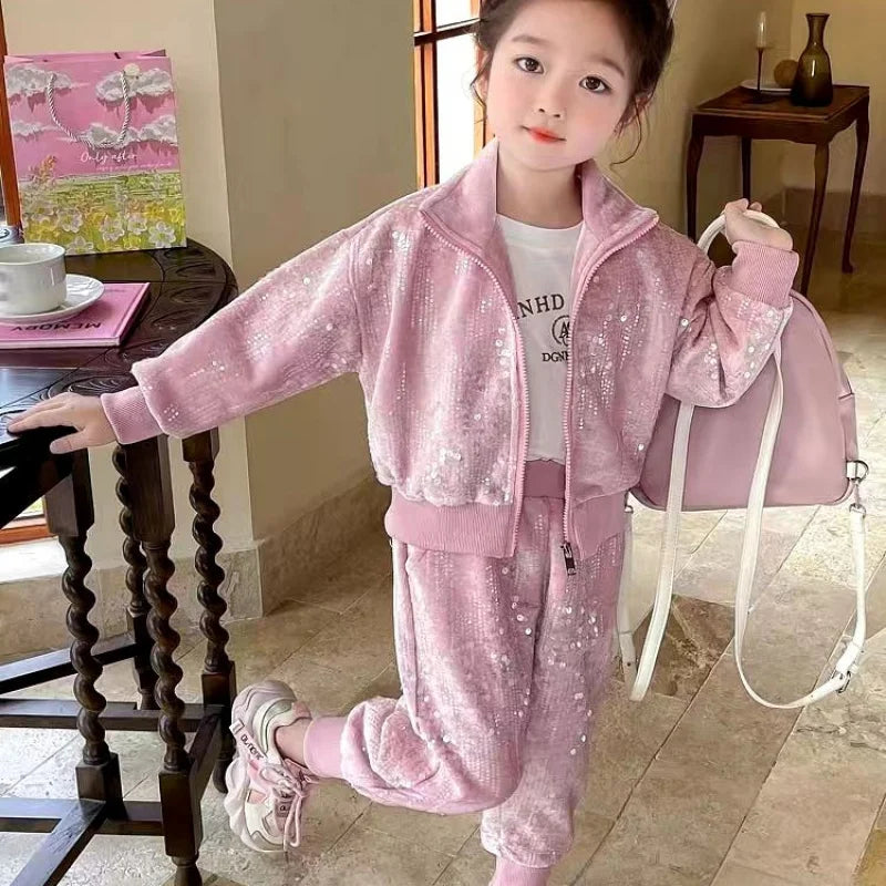 Cárdigan deportivo informal con lentejuelas para niña, conjunto de dos piezas, primavera y otoño, 2024