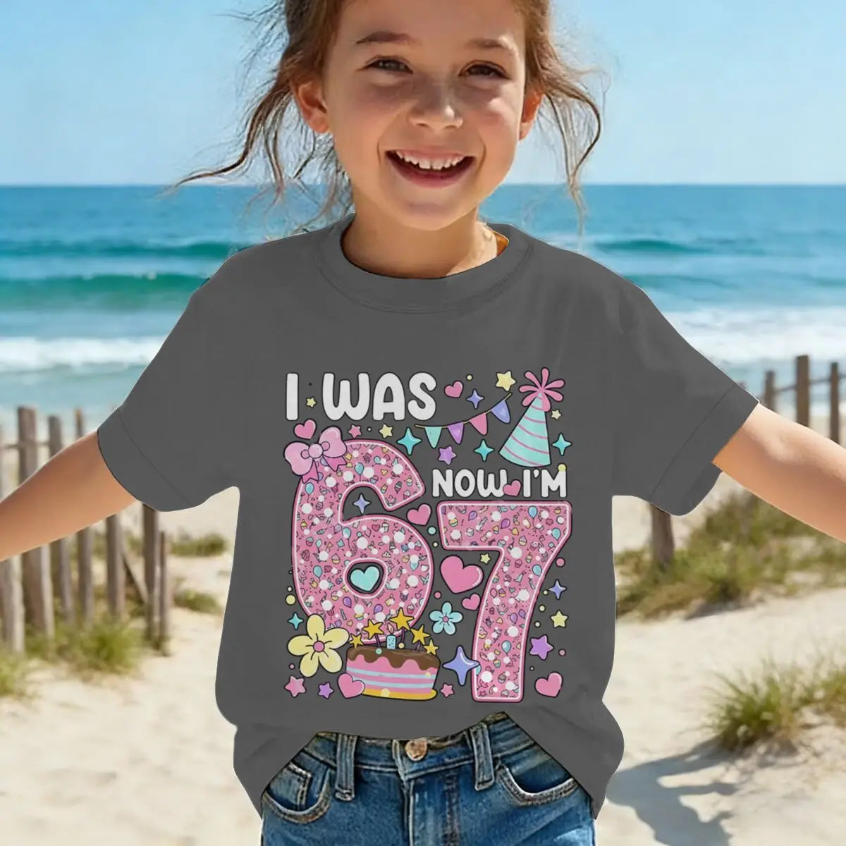 Camiseta para niñas con estampado de números, de algodón, de manga corta y cuello redondo, para el séptimo cumpleaños, con la frase 'I Was 6 Now I'm 7', para niñas de 7 años