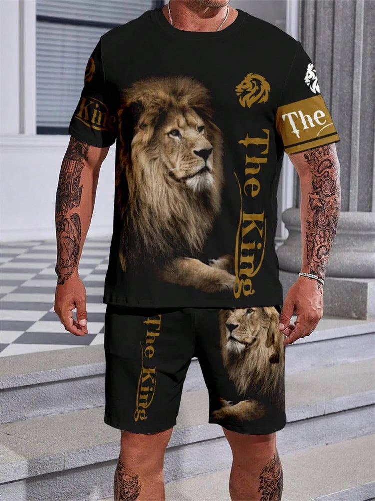 Nueva 2024 Camiseta de manga corta con cuello redondo, conjunto de pantalones cortos de moda con estampado de León en 3D, conjunto de 2 piezas de deportes de verano para hombres