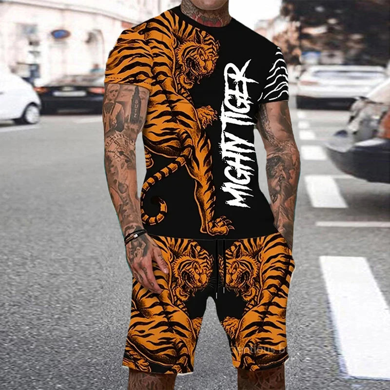 Conjunto Verano Hombre - Camiseta y Pantalón Corto Estampado Tigre 3D