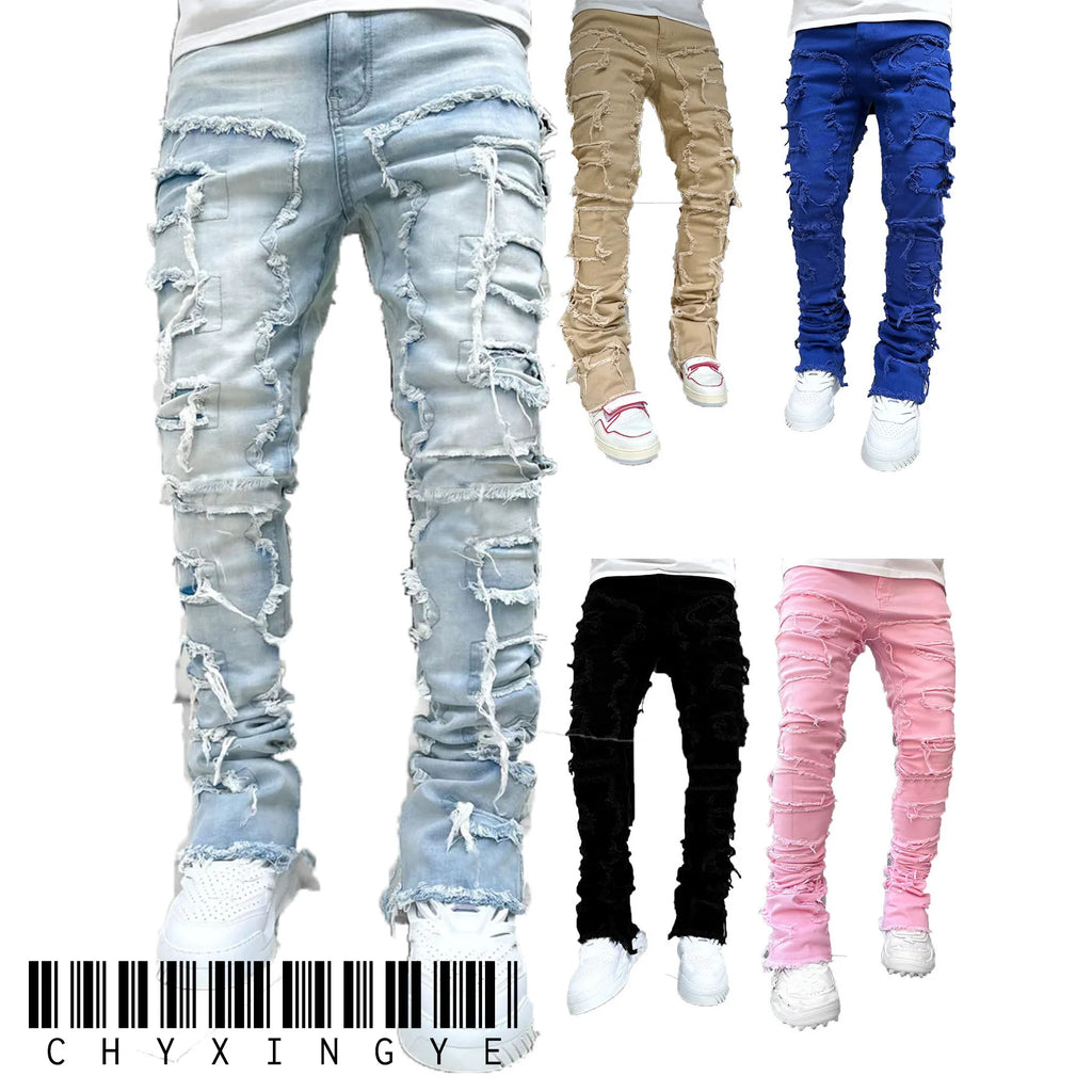 Nuevos pantalones vaqueros de moda para hombre, pantalones de trabajo, ropa de trabajo de moda europea y americana, pantalones acampanados en capas de mezclilla con retales elásticos, S-XXL