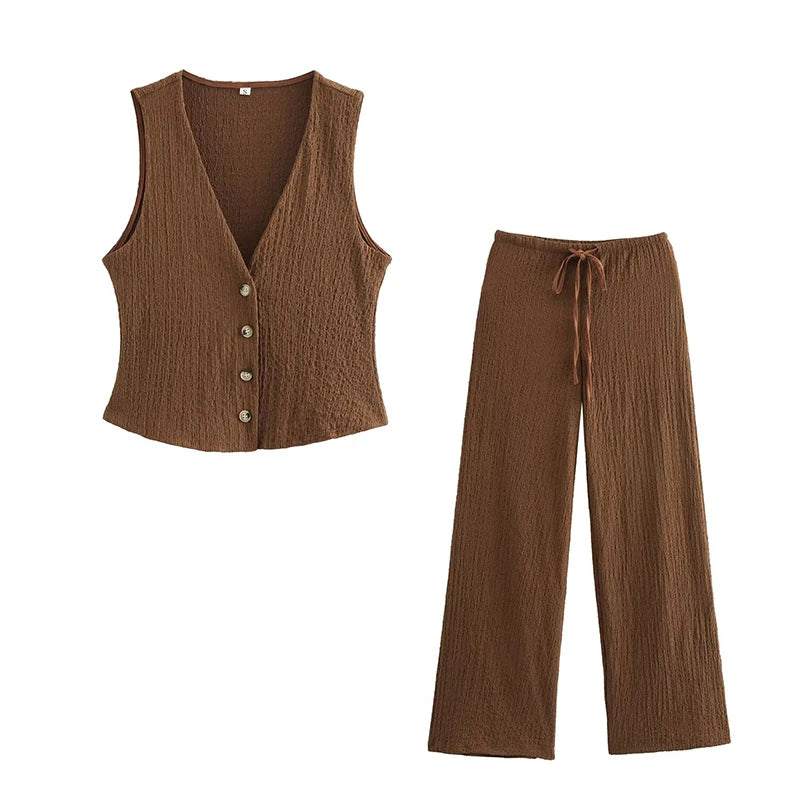Willshela, conjunto de 2 piezas a la moda para mujer, camisetas sin mangas lisas con una botonadura y pantalones Vintage de cintura alta elástica, traje de pantalones elegantes para mujer