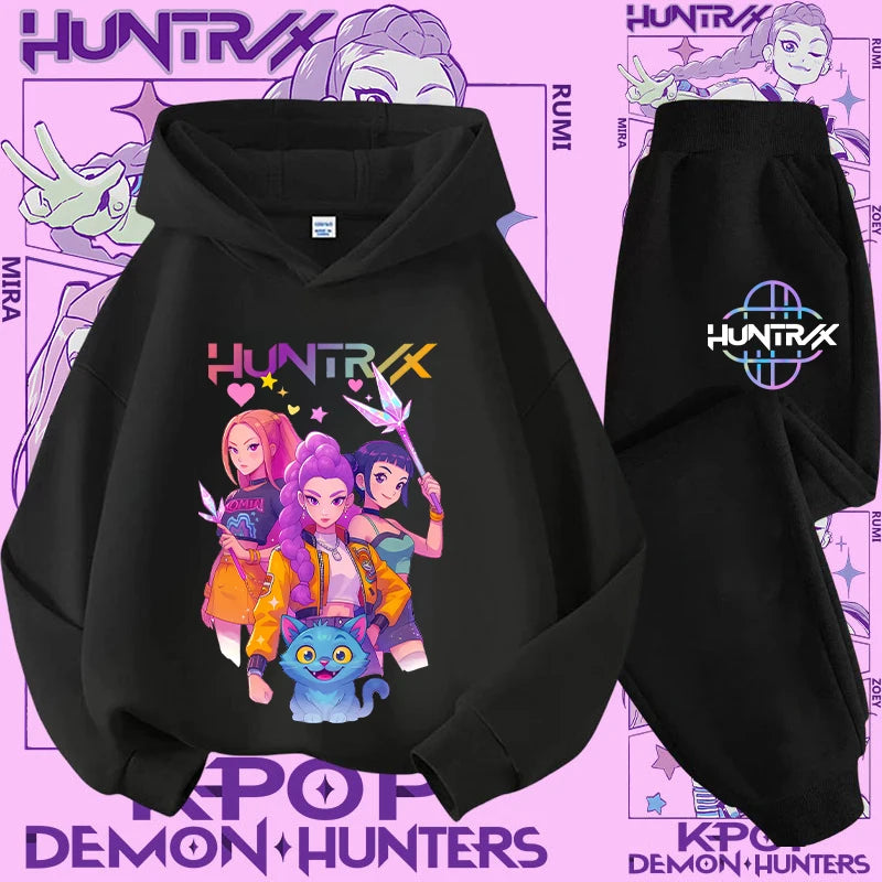 Ropa deportiva para niñas de 2 a 12 años, conjunto de 2 piezas, Top informal bonito, K-pop Demon Hunter, conjunto de camisa con capucha estampada, traje de pantalón, chándal