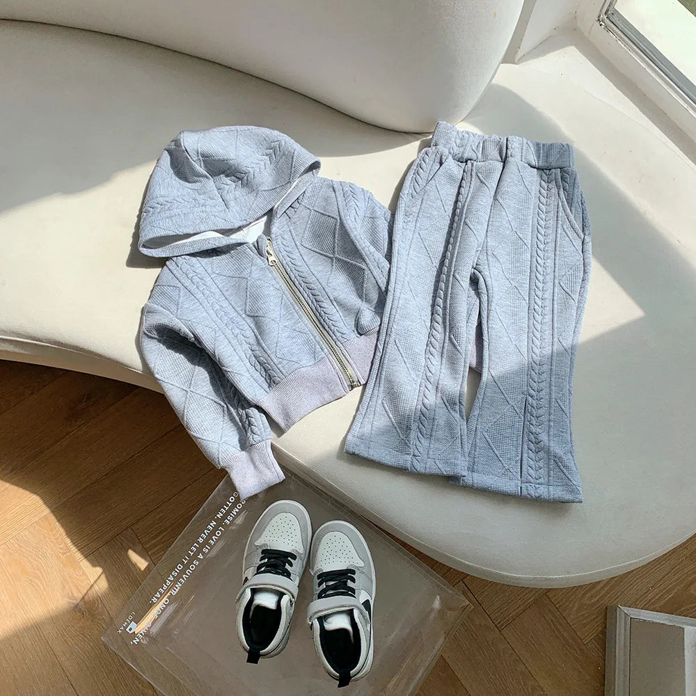 Conjunto de dos piezas para niñas, ropa de otoño, Top corto de punto de manga larga, pantalones acampanados divididos, nuevo estilo coreano