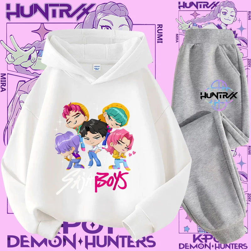 Ropa deportiva para niñas de 2 a 12 años, conjunto de 2 piezas, Top informal bonito, K-pop Demon Hunter, conjunto de camisa con capucha estampada, traje de pantalón, chándal