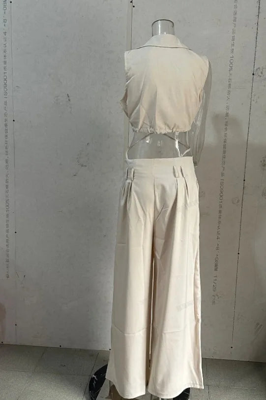 Conjunto de pantalones de 2 piezas para mujer, Top corto sin mangas con cuello en V y solapa lisa + pantalones informales de pierna ancha con bolsillo de cintura alta, ropa de calle