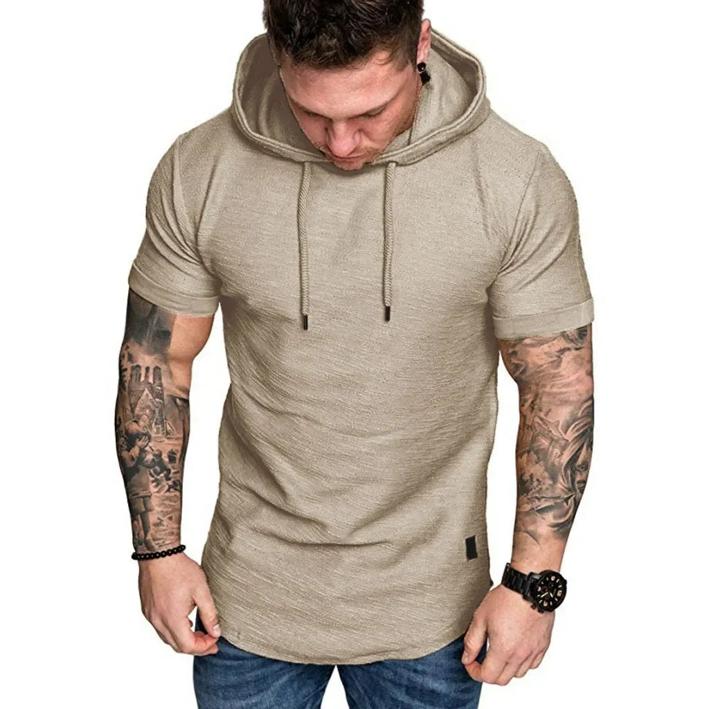 Camiseta de algodón para hombre, camisetas deportivas transpirables ajustadas de Color sólido con capucha de manga corta, camisetas informales ligeras para Fitness para hombre