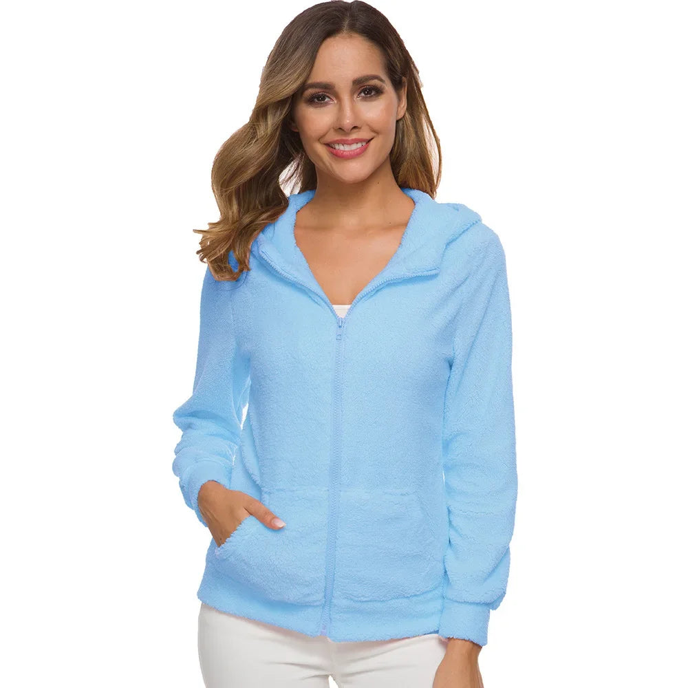 Chaqueta con capucha de primavera y otoño para mujer, sudaderas con capucha informales cálidas para mujer, sudadera con cremallera, abrigo de lana suave de Color sólido para mujer